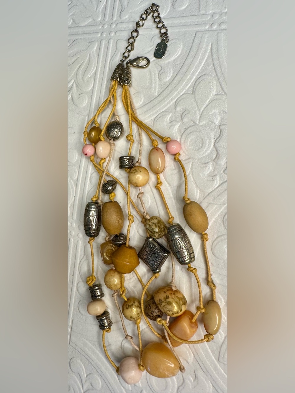 Brighton Multi-Strand Corded Statement Necklace Wood,Gems and Silver Beads